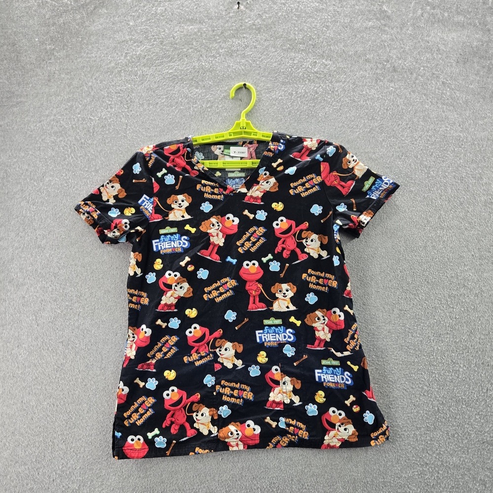 Sesame Street Scrub Top S Black Graphic Print Elmo Dog Logo Short Sleeve
